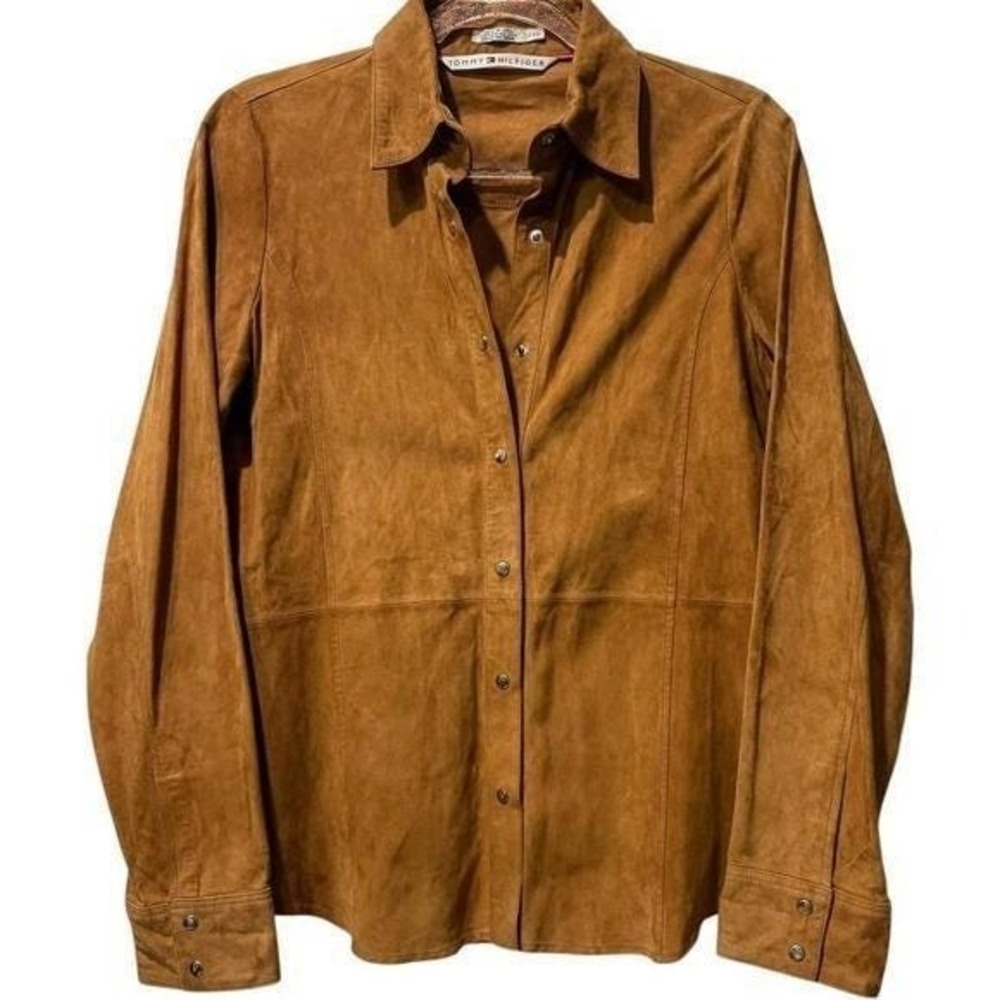 Tommy Hilfiger Vintage 100% Leather Shirt Jacket Camel Brown Size 10